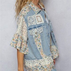 POL Floral Crochet Patchwork Denim Jacket size Medium Cottagecore Top